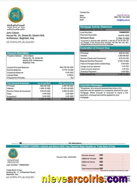 Iraq Trade Bank of Iraq mortgage statement Word and PDF template